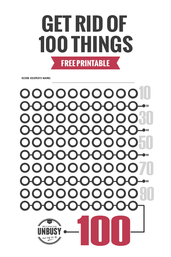 Free printable score card for tracking your 'Get Rid of 100 Things Weekend' #minimalism #decluttering *Loving this family challenge!