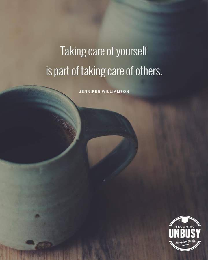 A teal cup of coffee with the quotes about change, "Taking care of yourself is part of taking care of others. "