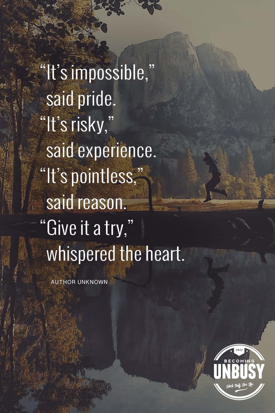 An image of a child jumping into a pond in the mountains with the following quote on top, "It's impossible," said pride. "It's risky, " said experience. "It's pointless," said reason. "Give it a try," whispered the heart. 