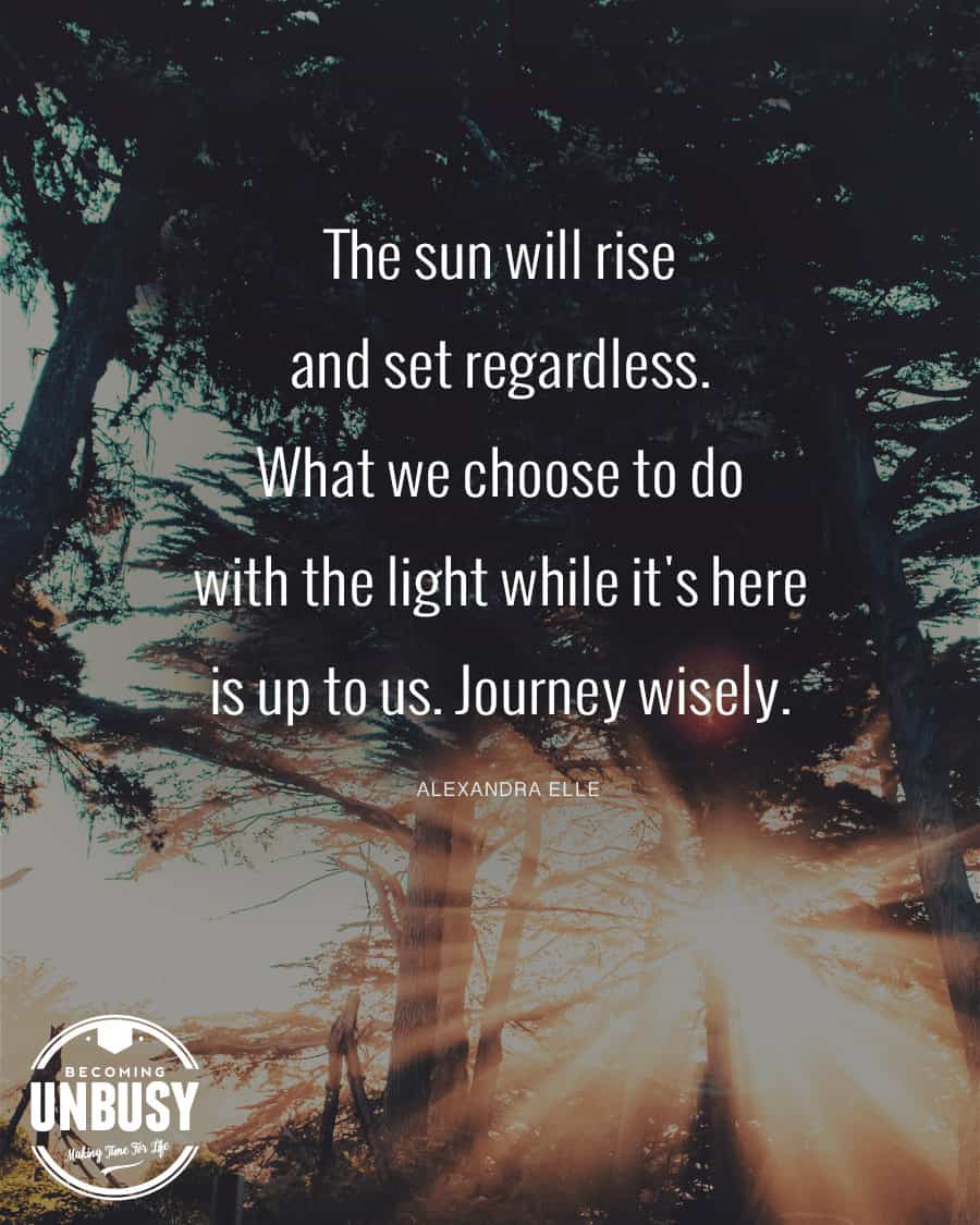 Sun shining through tall trees with the following quote by Alexandra Elle on top, "The sun will rise and set regardless. What we choose to do with the light while it's here is up to us. Journey wisely."