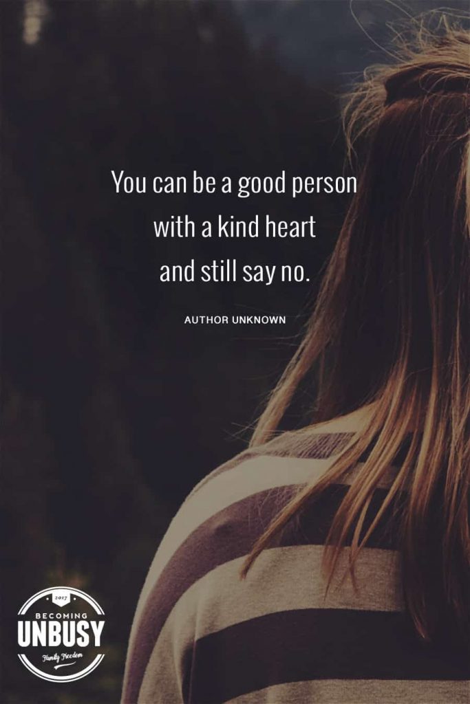 A woman wearing a striped shirt standing with her back toward the camera with a quote about living a simple life over top reading, "You can be a good person with a kind heart and still say no."