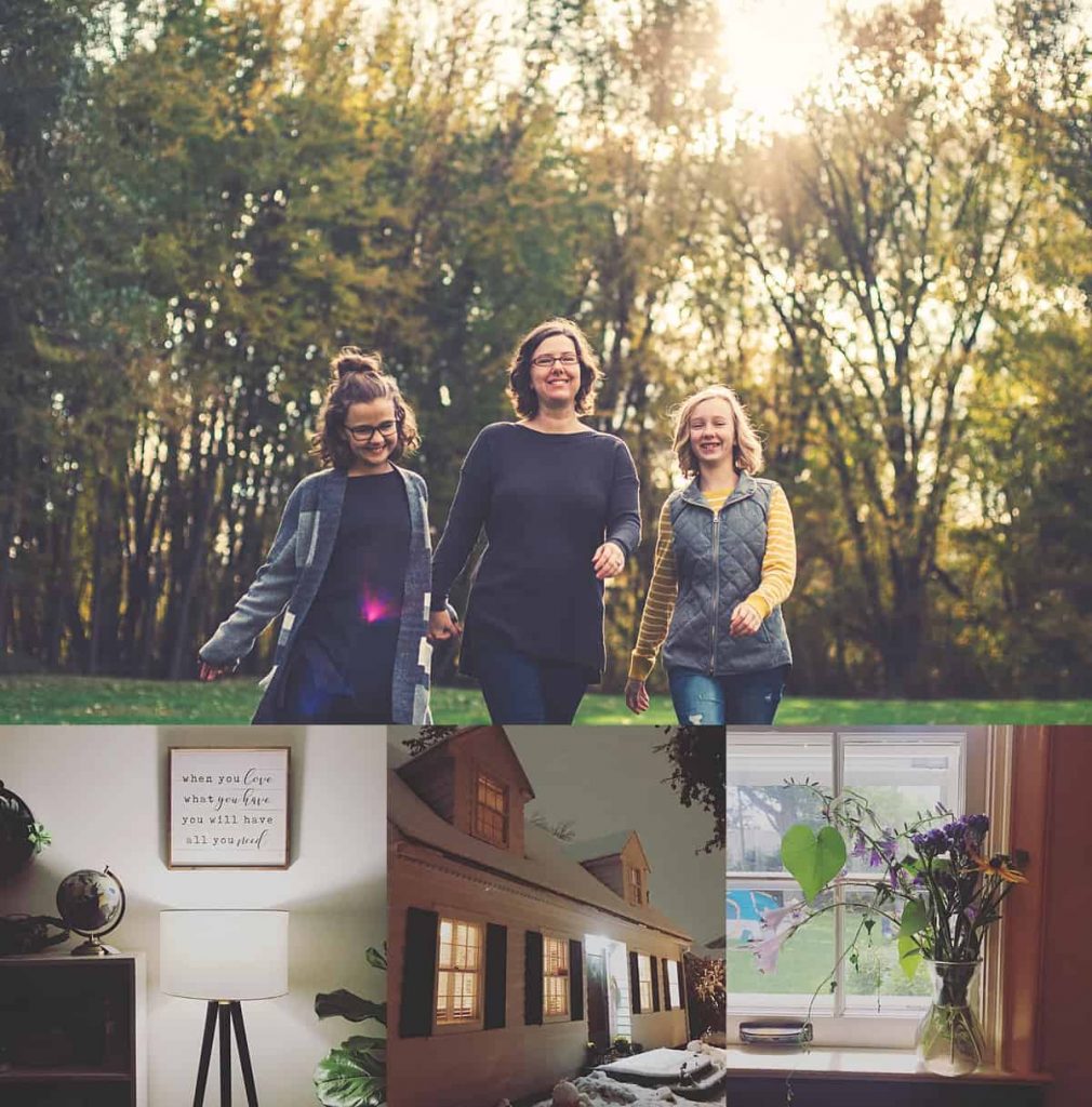 A collage including Zina and her children, as well as an interior and exterior photo of her home.