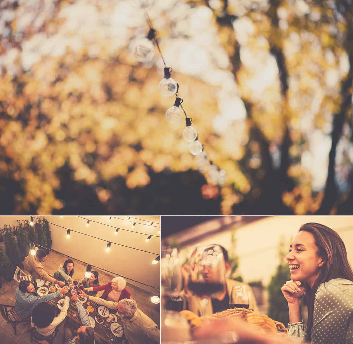 A collage of images of a family slowing down for an outdoor evening dinner under the ambient glow of globe string lights.