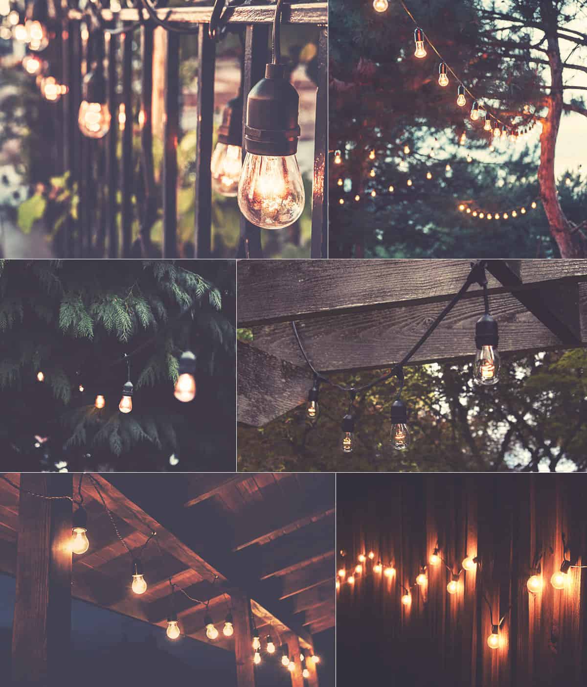 A collage of places to hang globe string lights; including outdoor lighting hanging from a metal fence rail, tress, a pergola, deck, and wooden fence.