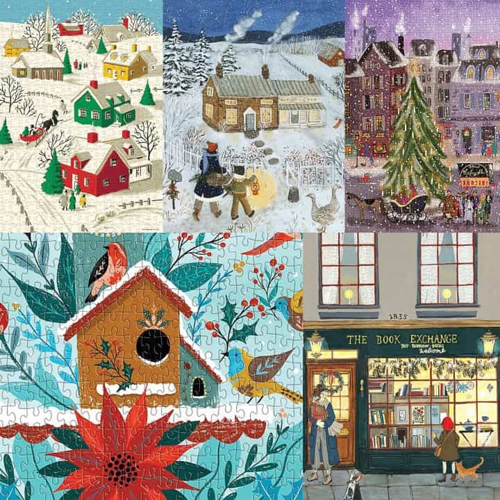 Collage of Christmas jigsaw puzzles.
