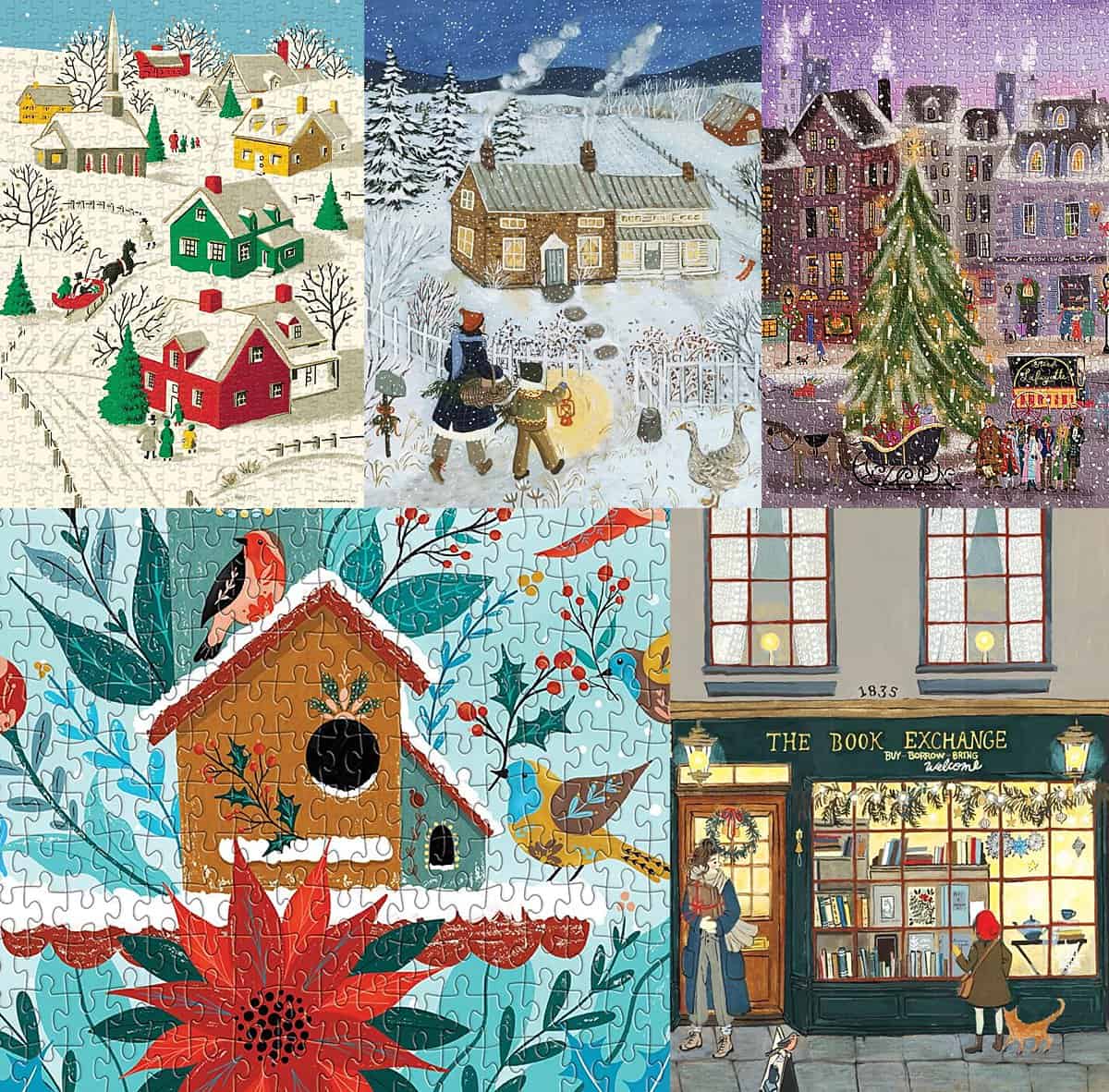 Collage of Christmas jigsaw puzzles including a Christmas tree, poinsettia, country scene and bookstore.