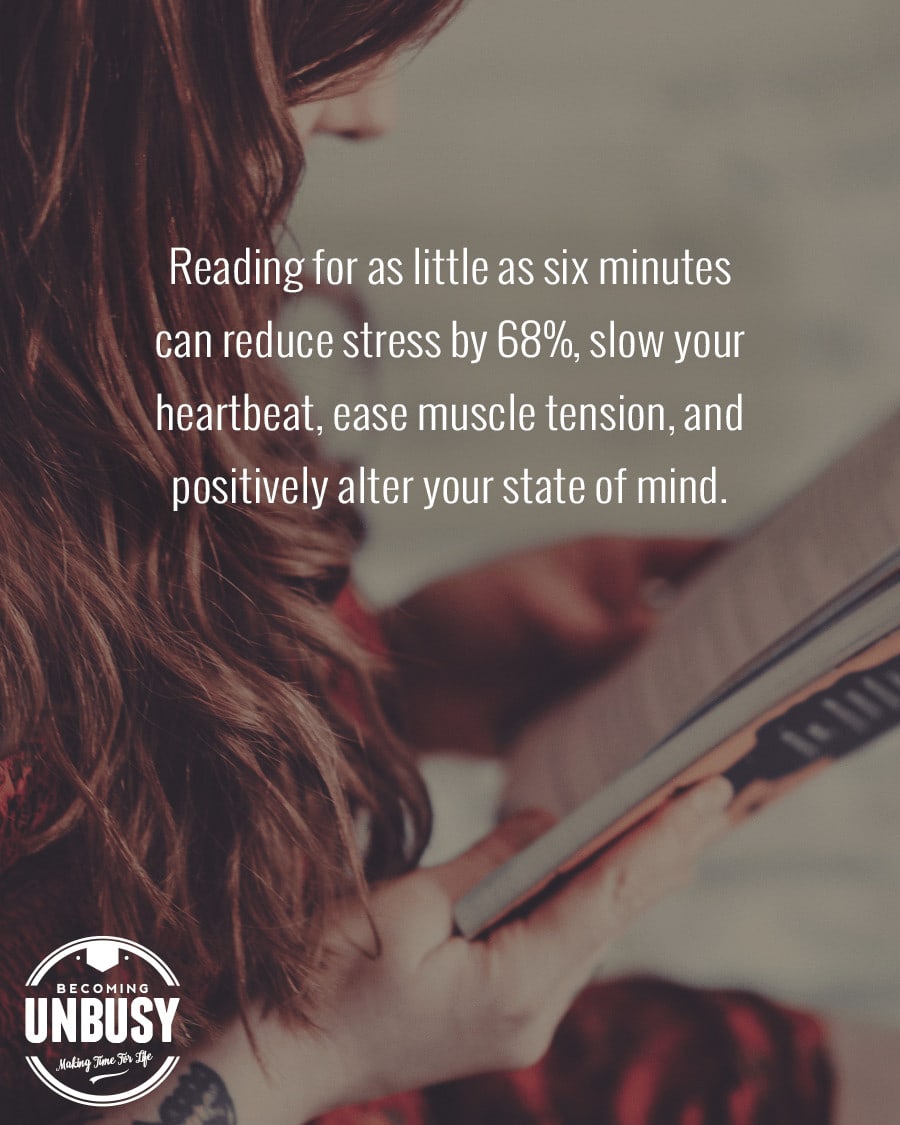 The following fall bucket list stat written over a photo of a woman reading a book, "Reading for as little as 6-minutes can reduce stress by 68%, slow your hearbeat, ease muscle tension, and positively alter your state of mind."