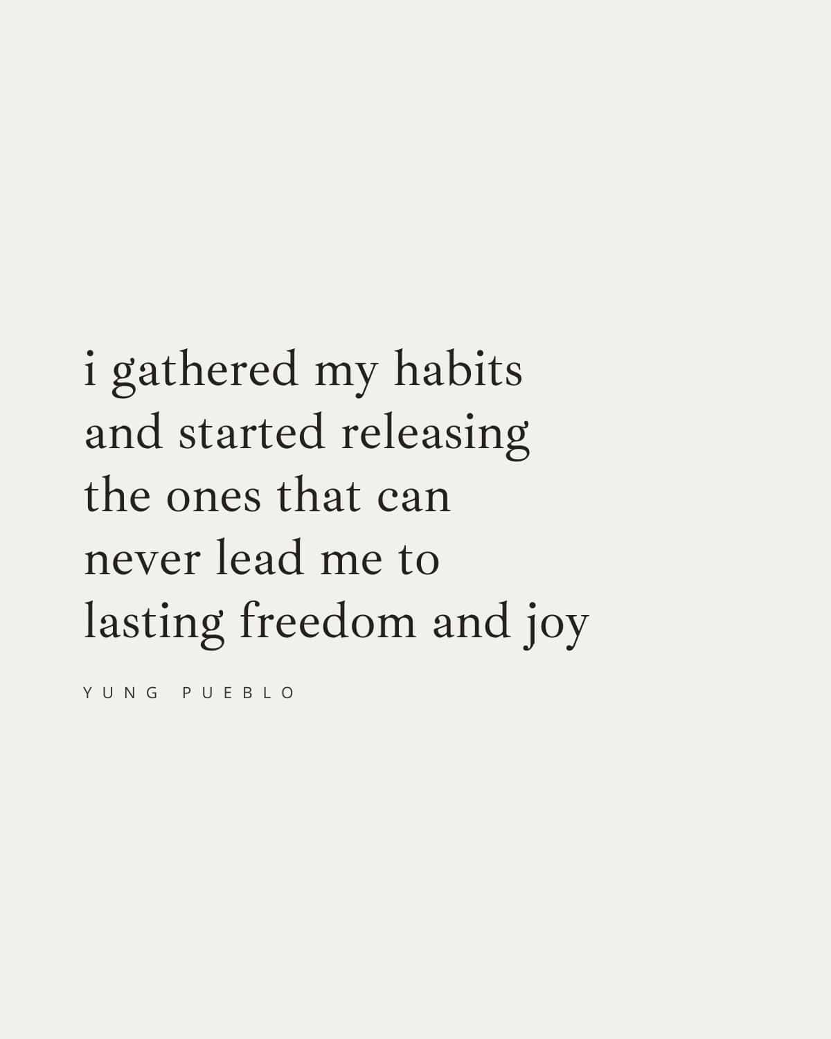 i gathered my habits 
and started releasing 
the ones that can 
never lead me to 
lasting freedom and joy
—yung pueblo