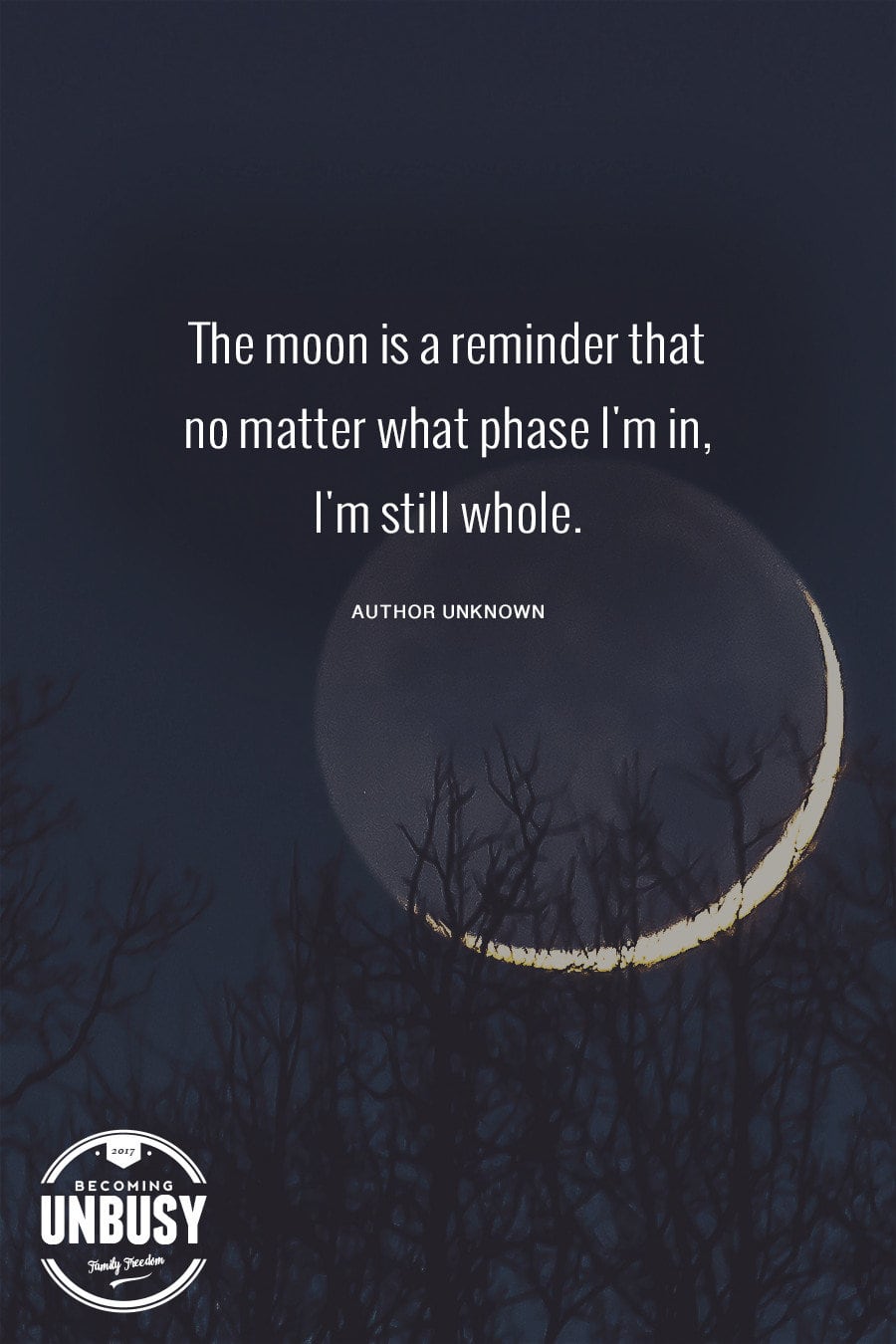 The following winter self-care quote over a photo of a crescent moon, "The moon is a reminder that no matter what phase I'm in, I'm still whole."