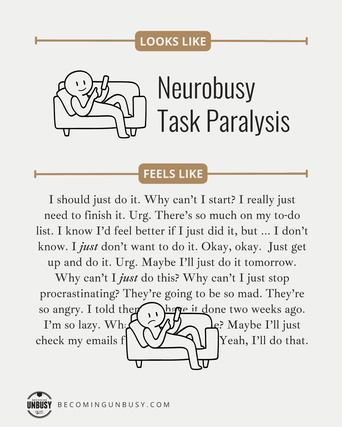 A graphic showing what task paralysis "looks like" (showcasing a person smiling on a couch scrolling on a phone) verses what it "feels like" (showcasing a sad person on a phone with a thought stream of self-doubt and negative self talk).