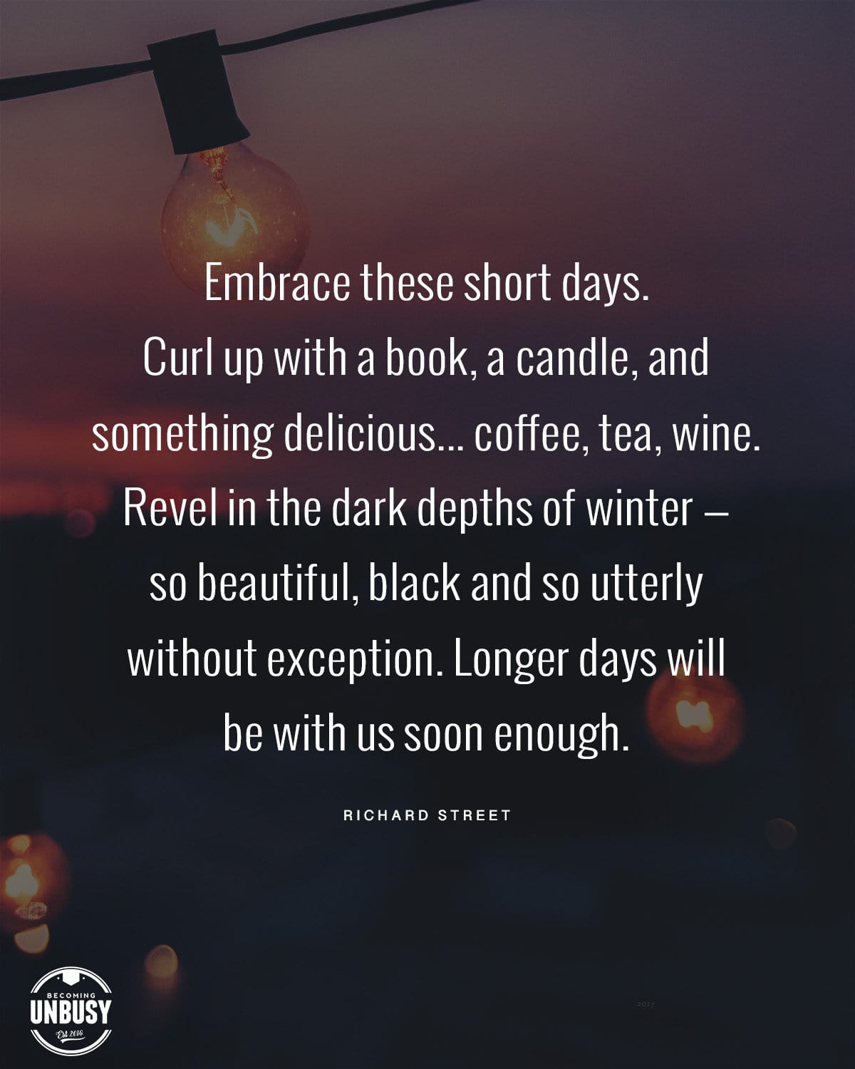 Embrace these short days. Curl up with a book, a candle, and something delicious... coffee, tea, wine. Revel in the dark depths of winter so beautiful, black and so utterly without exception. Longer days will be with us soon enough.

